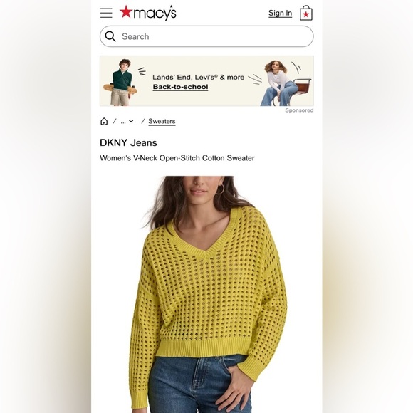 NWT DKNY Bright Yellow V-Neck Open Stitch Sweater Size M​ - Picture 2 of 9